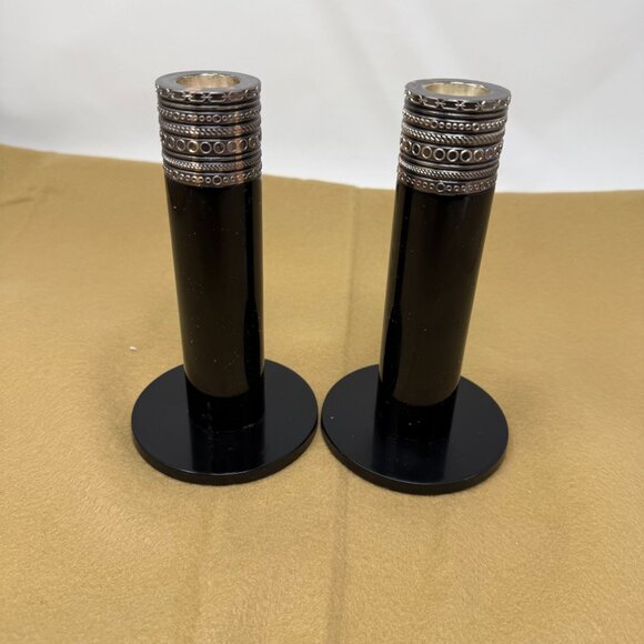 Vera Wang Wedgewood With Love Noir Black Silver Metal Candlesticks Art Deco Glam - Picture 7 of 10